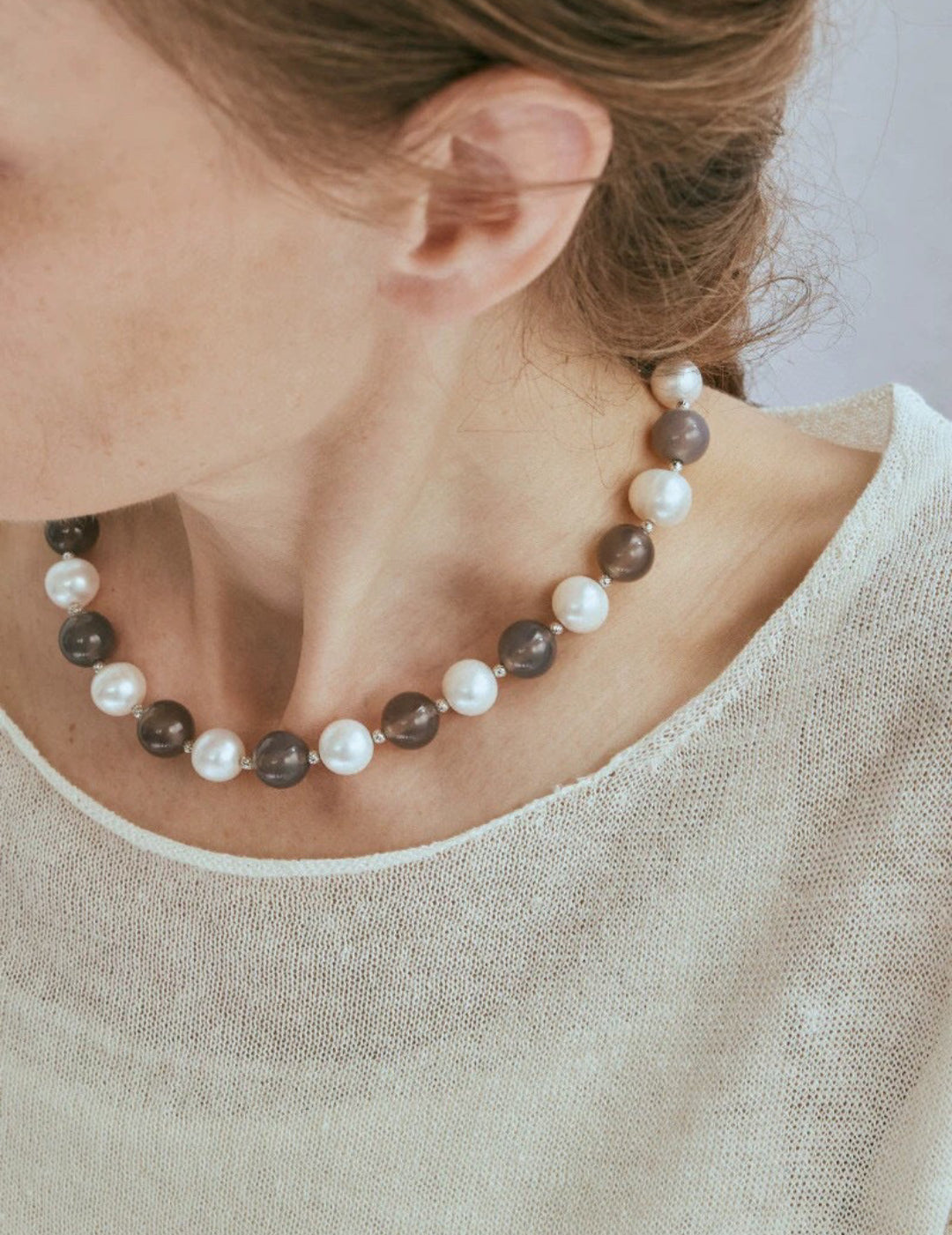 Grey Agate Artificial Pearl Beaded Necklace-Gembea Jewelry
