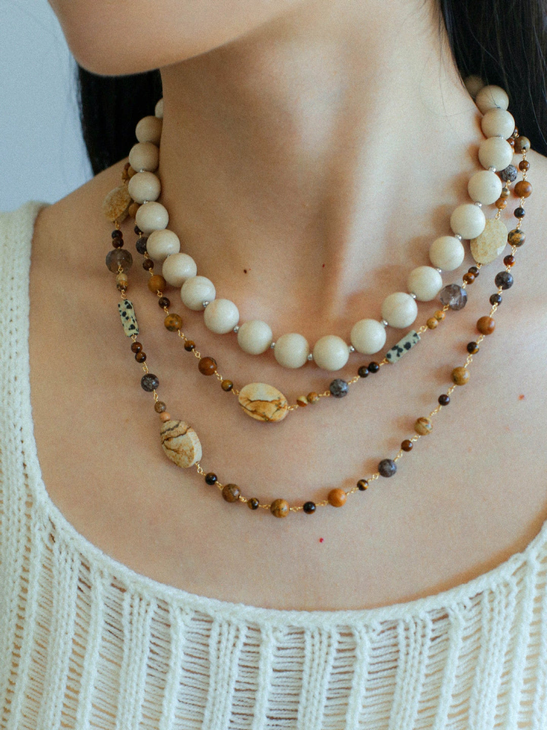 White Fossil Stone beaded necklace