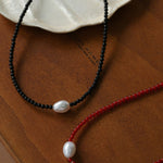 Single Pearl Black Red Agate Beaded Necklace