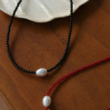 Single Pearl Black Red Agate Beaded Necklace