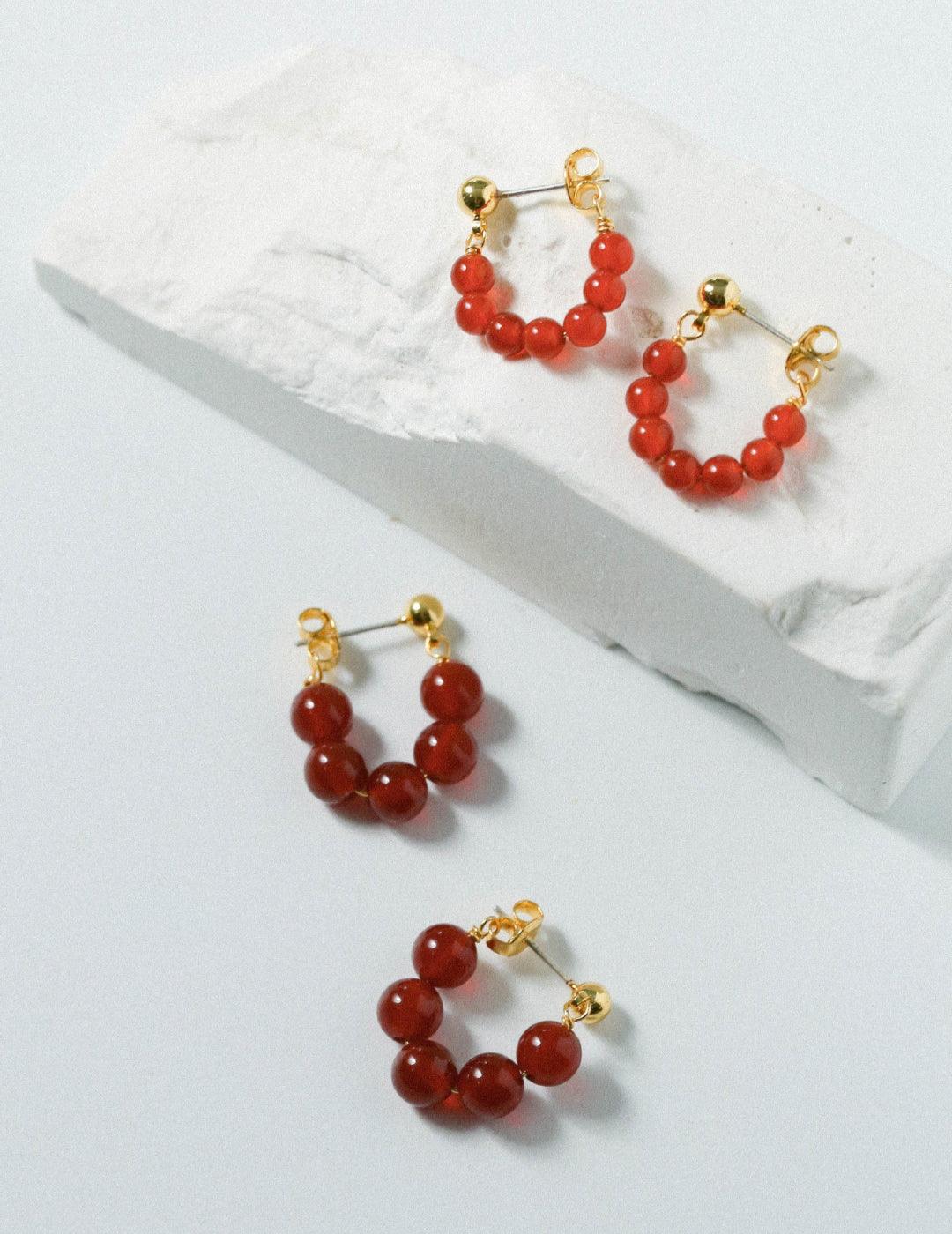 Red Agate Beaded Hoop Earrings - Gembea Jewelry