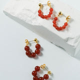 Red Agate Beaded Hoop Earrings