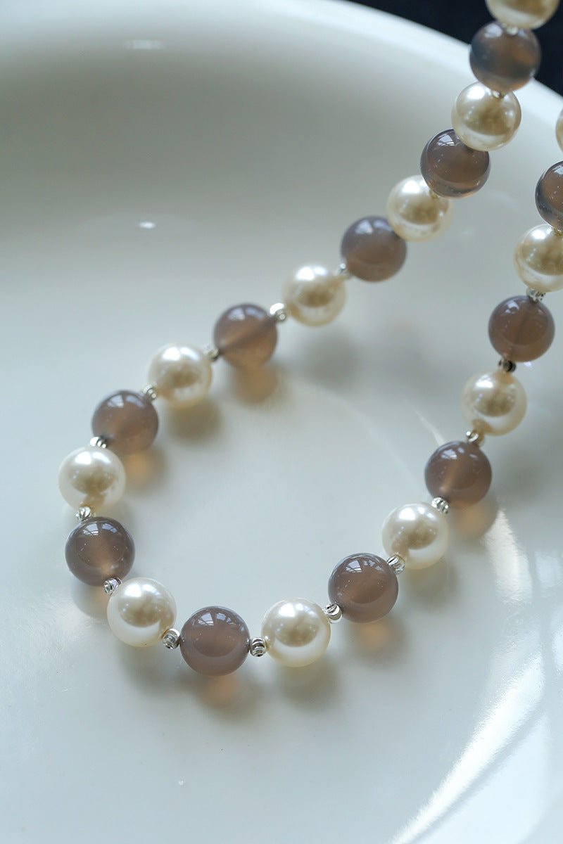Grey Agate Artificial Pearl Beaded Necklace-Gembea Jewelry