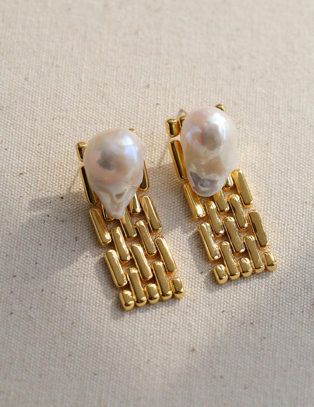 Wide Version Watch Chain Baroque Pearl Earrings - Gembea Jewelry