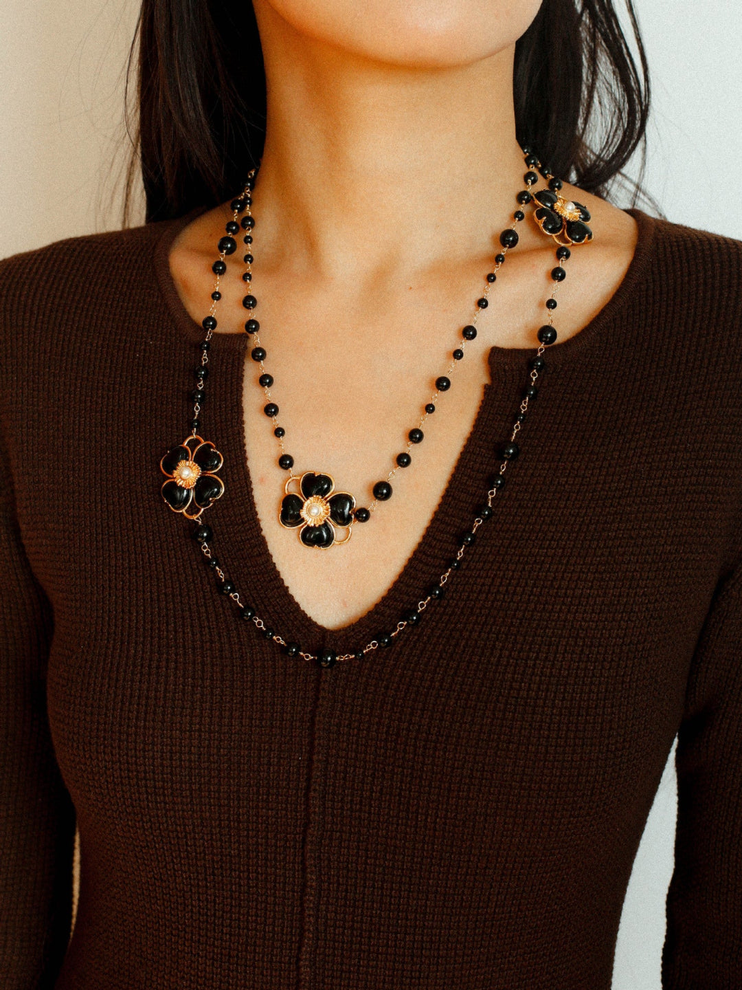 Classic Black Agate Four-leaf Clover Long Necklace