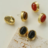 Oval Tiger Eye Stone Black Agate Earrings