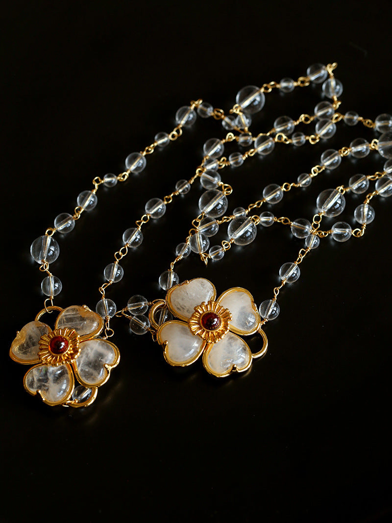 Classic White crystal Four-leaf Clover Long Necklace