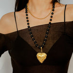 Double Layer Black Agate Large Love Pendant Necklace