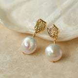 Irregular Gold Coin Button Pearl Earrings