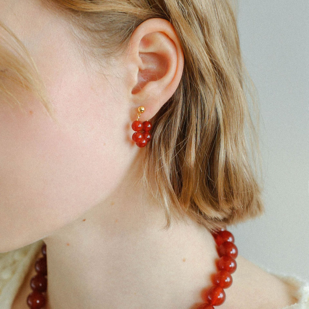 Red Agate Beaded Hoop Earrings