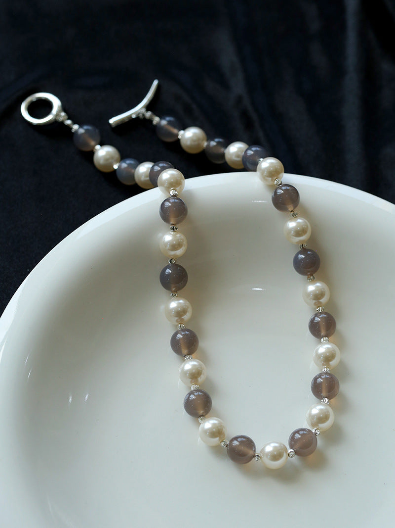 Grey Agate Artificial Pearl Beaded Necklace-Gembea Jewelry