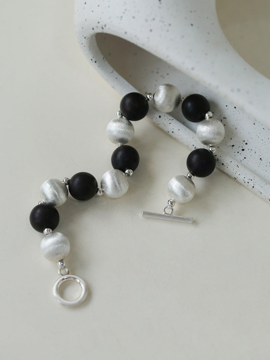 Ebony and Silver Ball Brushed Beaded Bracelet