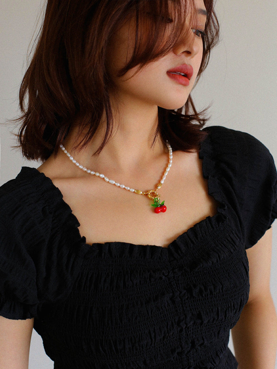 Glazed Cherry Pendant Pearl Necklace