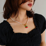 Glazed Cherry Pendant Pearl Necklace