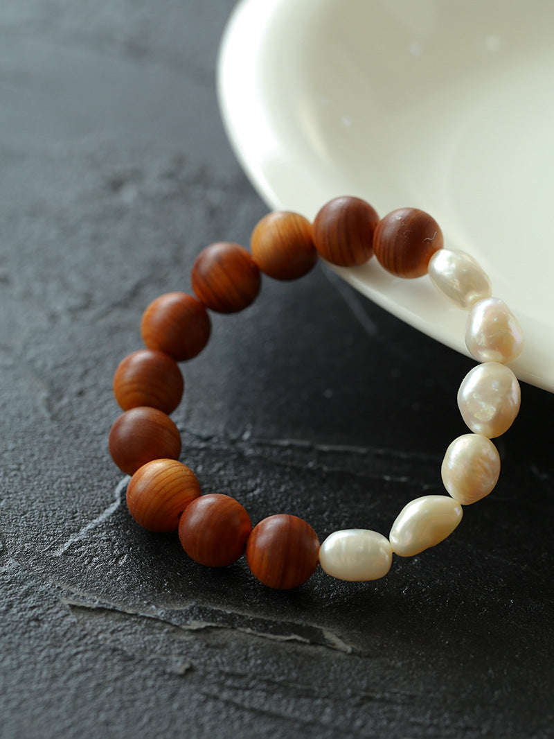 Wood Grain Bead Baroque Pearl Bracelet-Gembea Jewelry