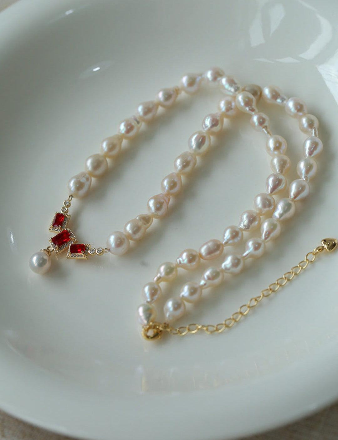 Ruby Zircon Drop Pearl Beaded Necklace - Gembea Jewelry