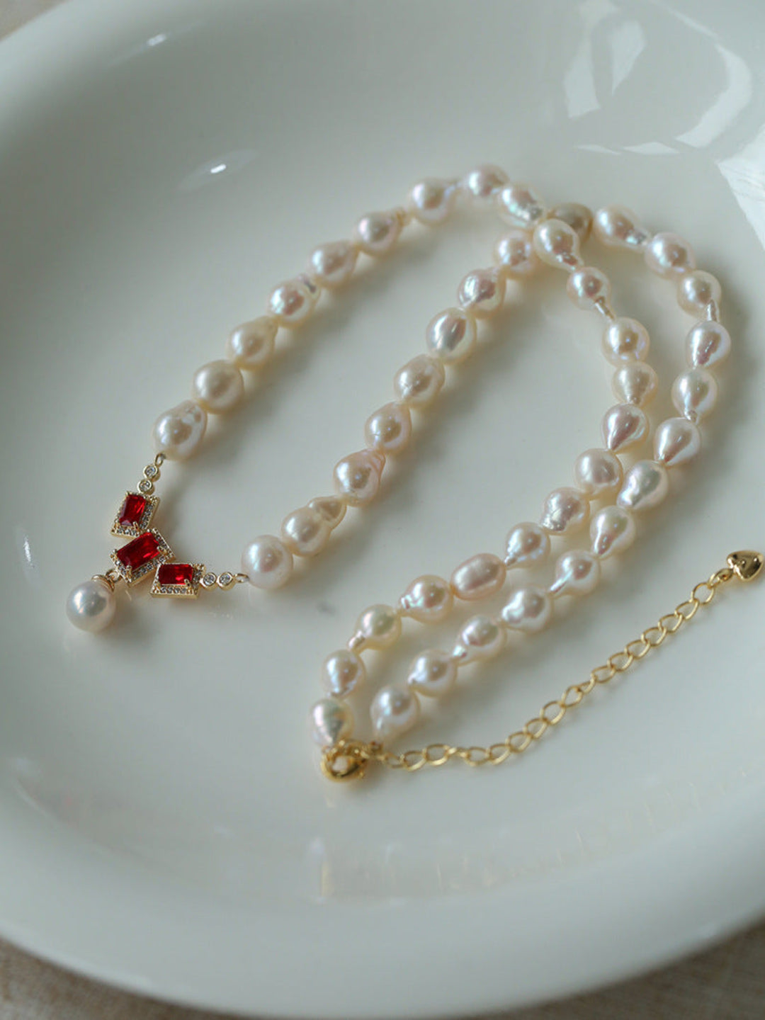 Ruby Zircon Drop Pearl Beaded Necklace