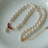 Ruby Zircon Drop Pearl Beaded Necklace