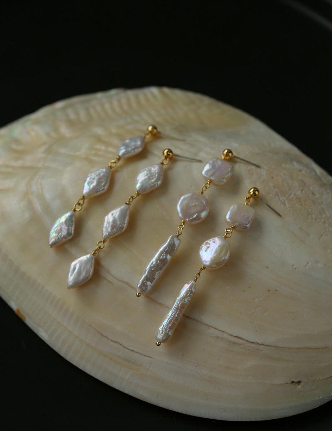 Diamond Baroque Pearl Long Earrings - Gembea Jewelry
