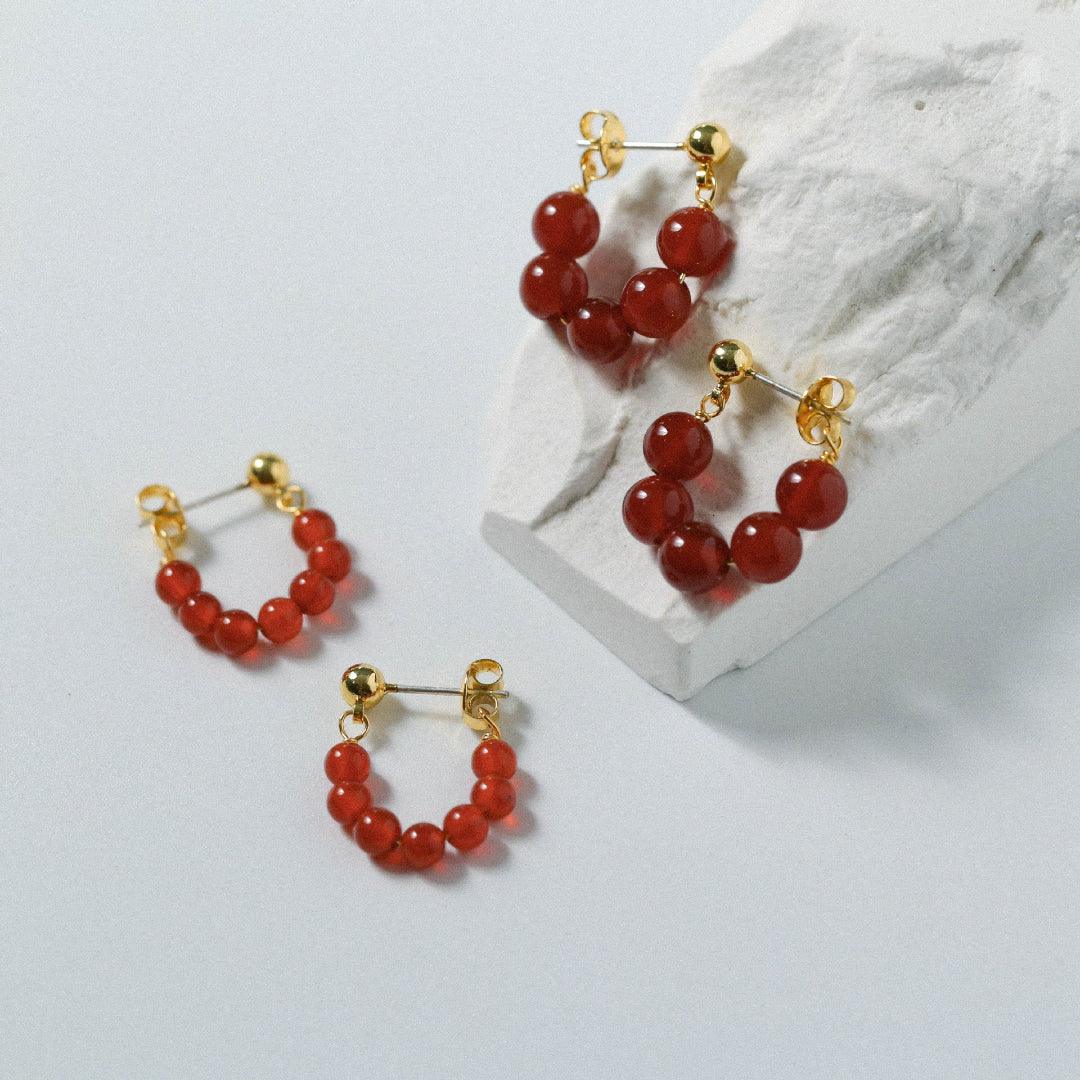 Red Agate Beaded Hoop Earrings - Gembea Jewelry