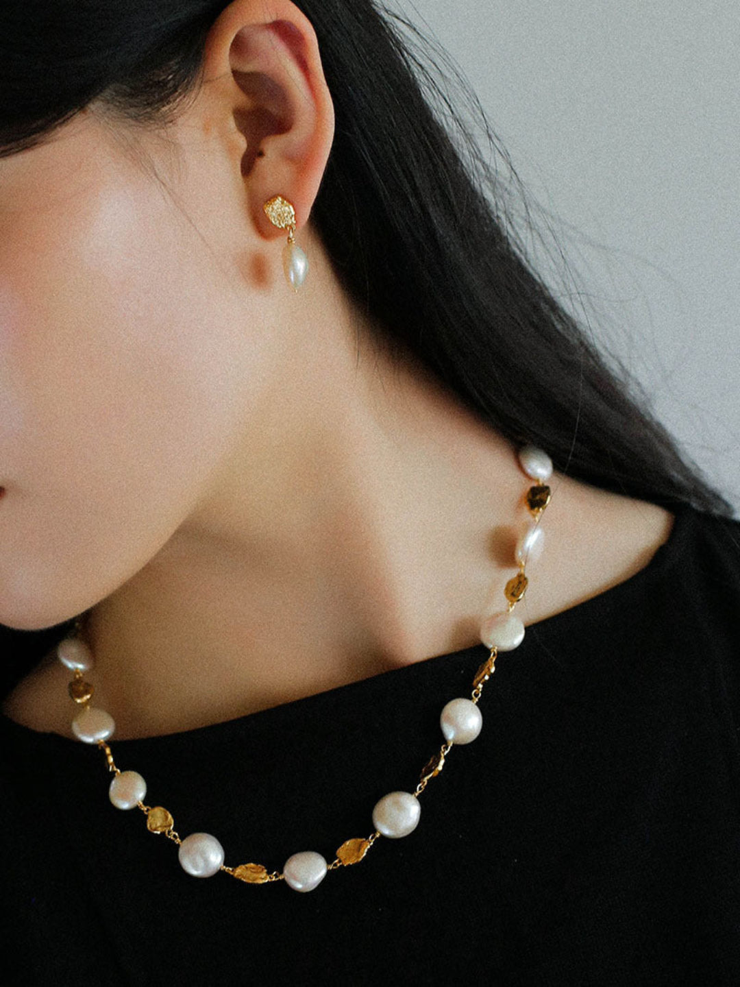 Irregular Gold Coin Button Pearl Earrings