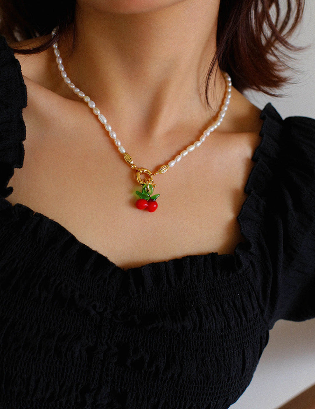 Glazed Cherry Pendant Pearl Necklace