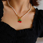 Glazed Cherry Pendant Pearl Necklace