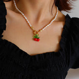 Glazed Cherry Pendant Pearl Necklace