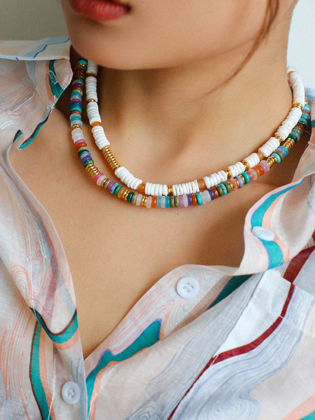 Colored Natural Stone Shell Beaded Choker Necklace