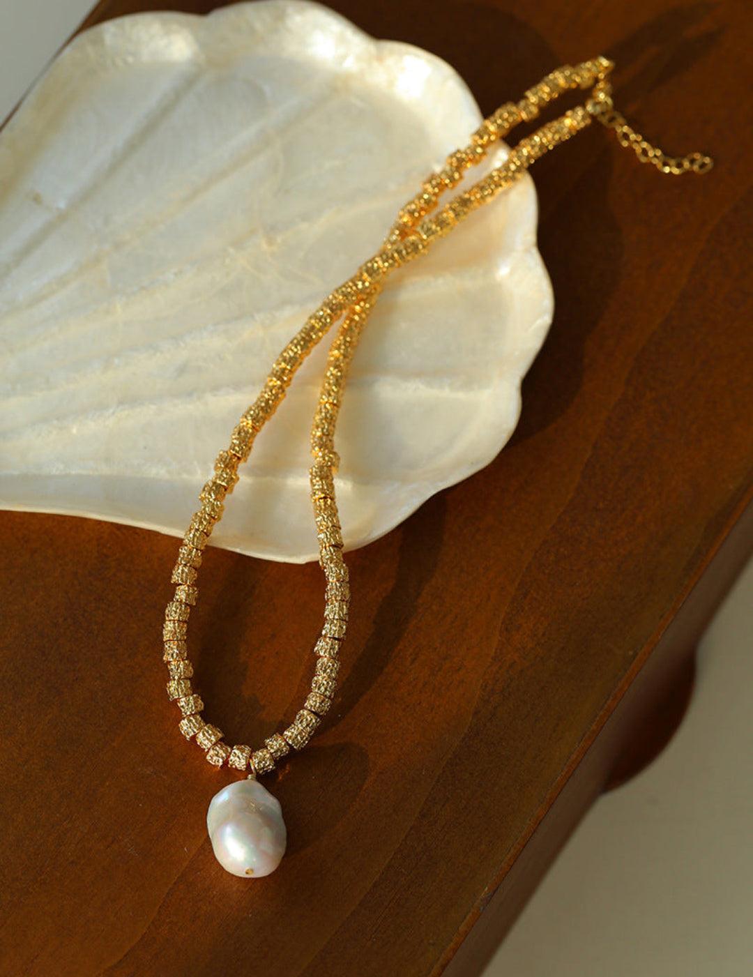 Baroque Pearl Pendant Lava Metal Necklace - Gembea Jewelry