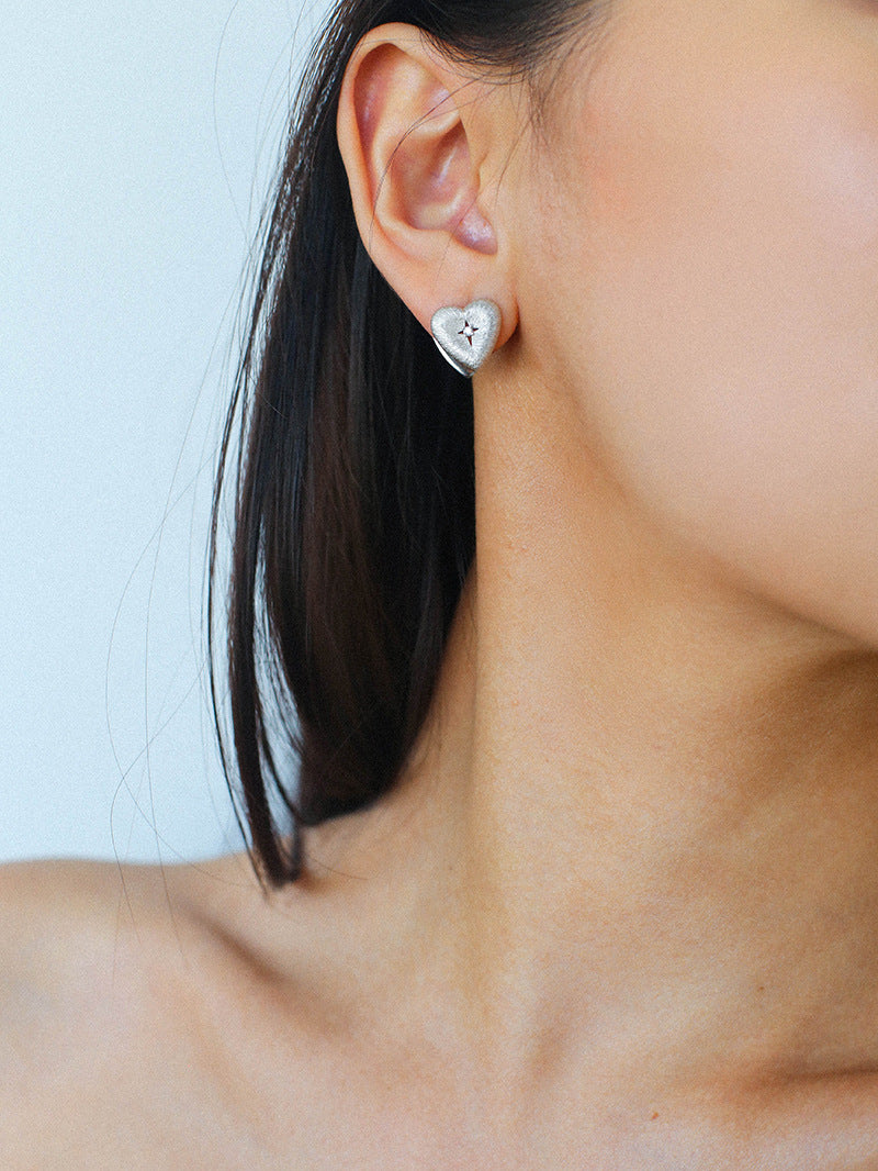 Silver Brushed Double-sided Heart Stud Earrings-Gembea Jewelry