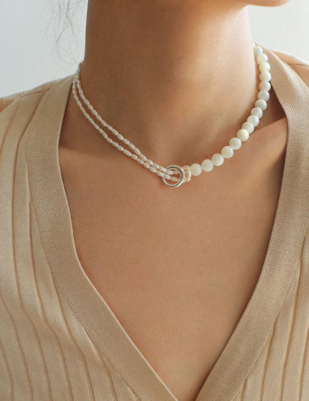 Round Buckle Rice Pearl White Shell Necklace - Gembea Jewelry