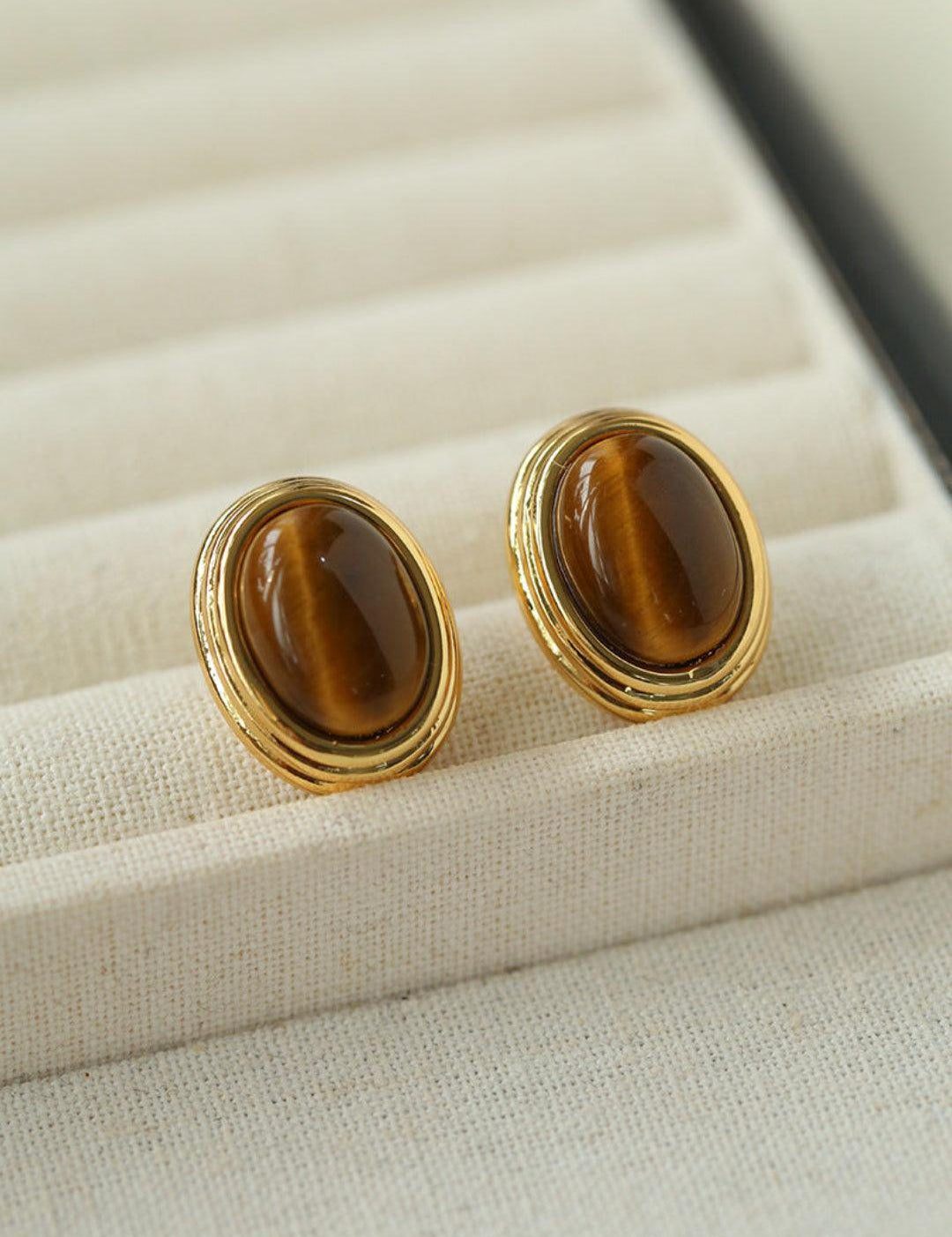 Oval Tiger Eye Stone Black Agate Earrings - Gembea Jewelry