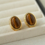 Oval Tiger Eye Stone Black Agate Earrings