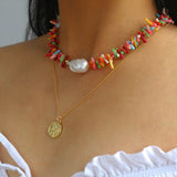 Vacation Artificial Colored Gemstone Baroque Pearl Necklace