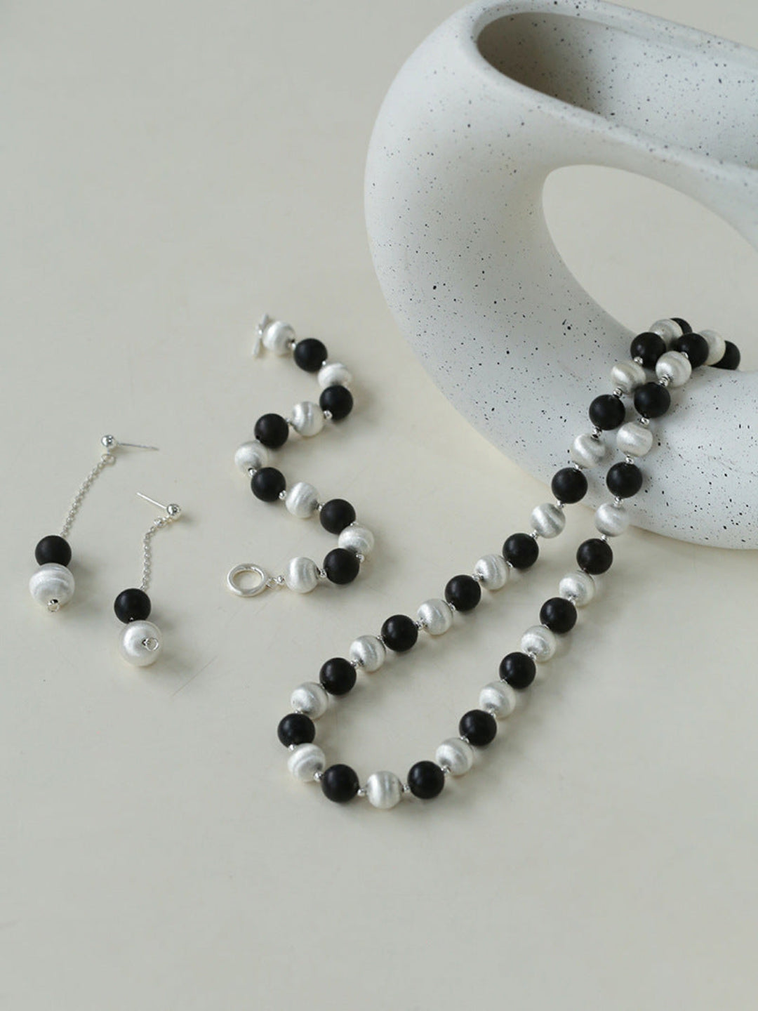 Ebony and Silver Ball Brushed Beaded Necklace