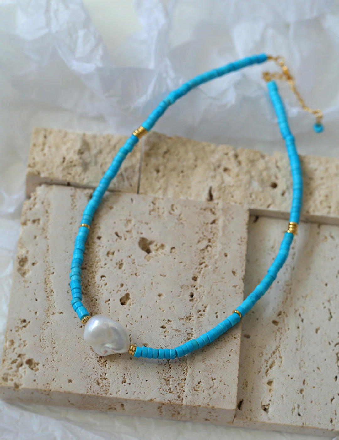 Blue Colored Stone Baroque Pearl Necklace