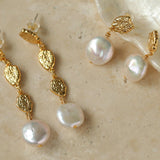 Irregular Gold Coin Button Pearl Earrings