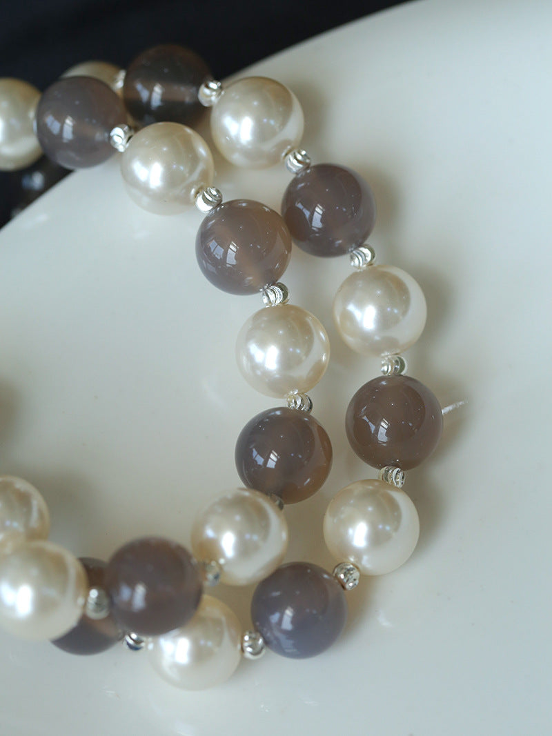 Grey Agate Artificial Pearl Beaded Necklace-Gembea Jewelry