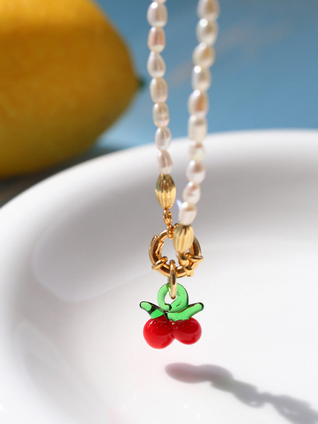 Glazed Cherry Pendant Pearl Necklace