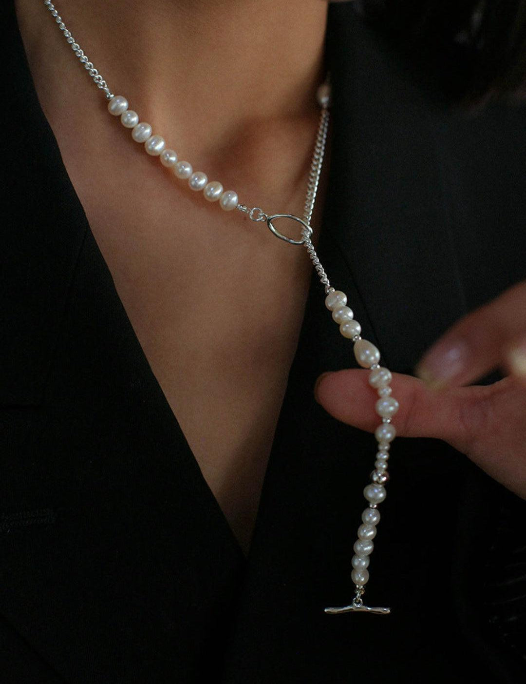 OT Buckle Long Chain Stitching Pearl Necklace - Gembea Jewelry