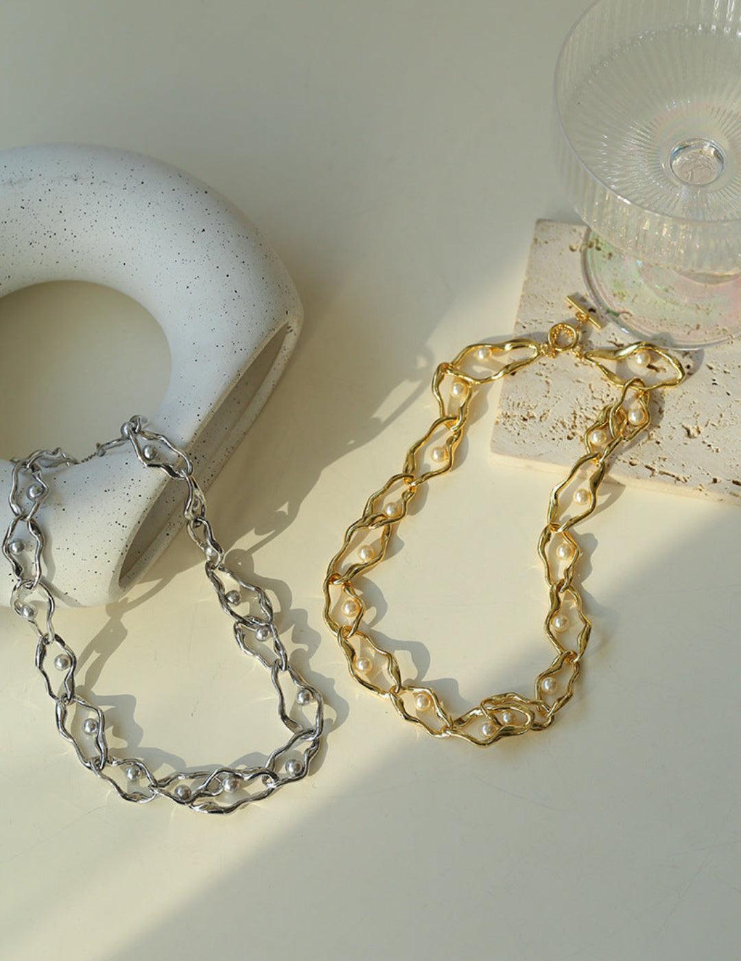 Geometric Twist Artificial Pearl Chain Necklace - Gembea Jewelry