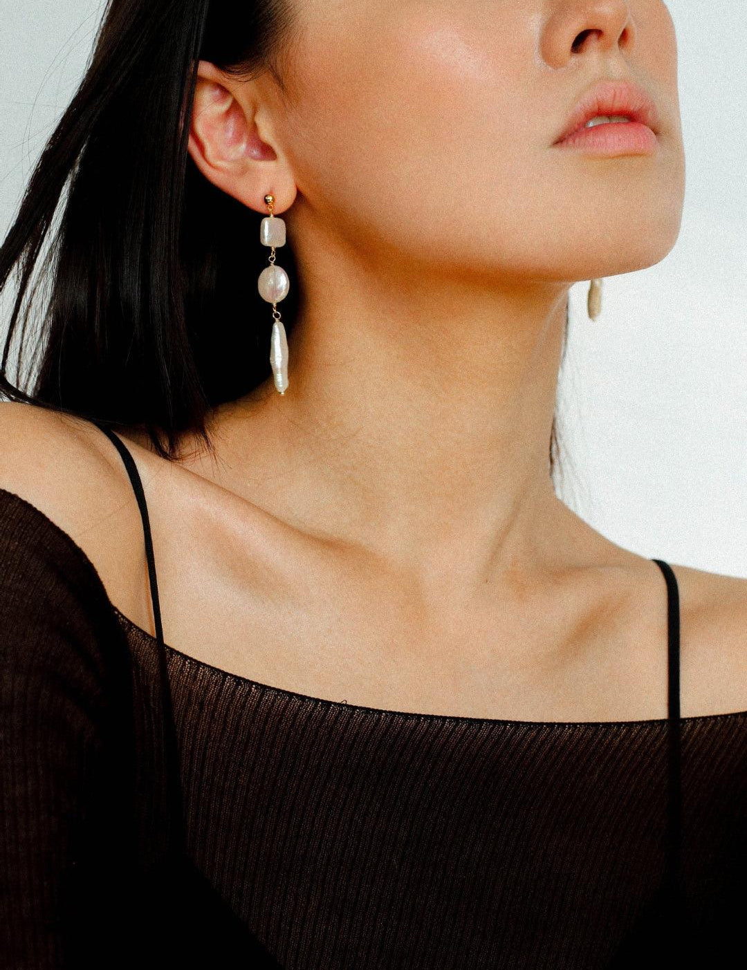 Diamond Baroque Pearl Long Earrings - Gembea Jewelry
