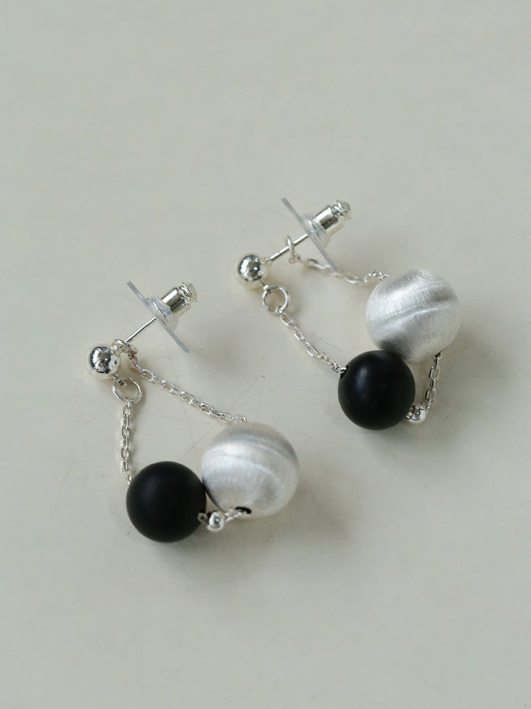 Ebony and Silver Ball Brushed Drop Earrings