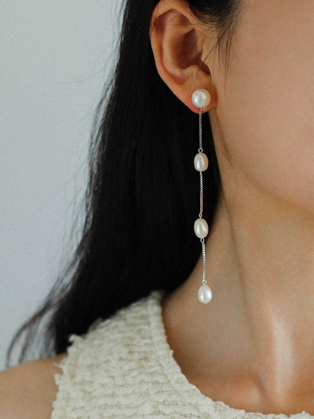 S925 Silver Chain Tassel Pearl Earrings