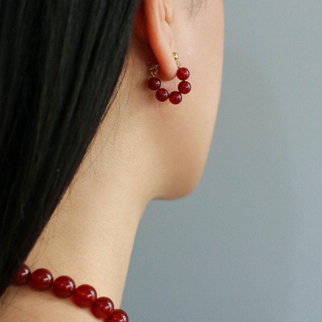 Red Agate Beaded Hoop Earrings - Gembea Jewelry