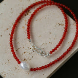 Single Pearl Black Red Agate Beaded Necklace