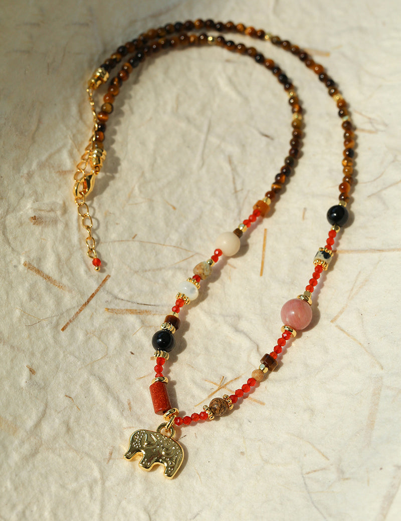 Summer Elephant Pendant Stone Beaded Necklace-Gembea Jewelry