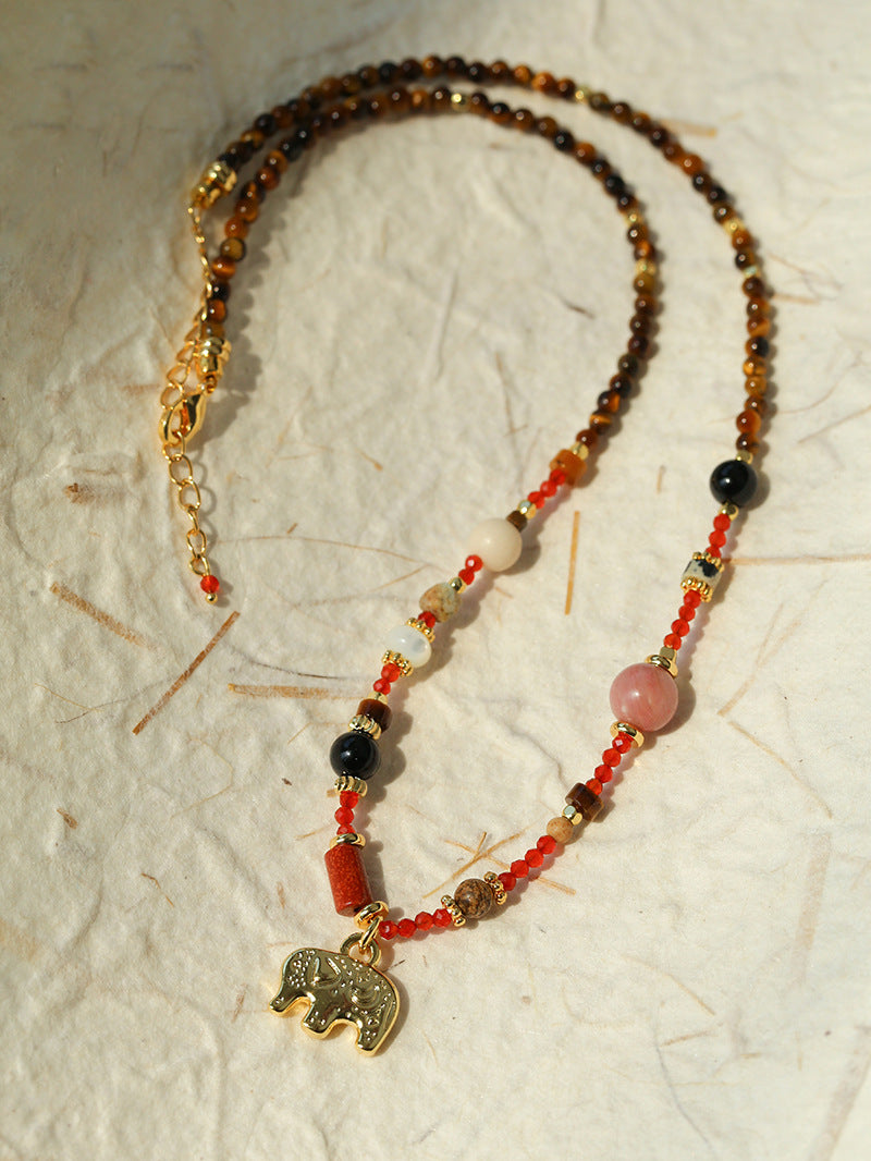 Summer Elephant Pendant Stone Beaded Necklace-Gembea Jewelry