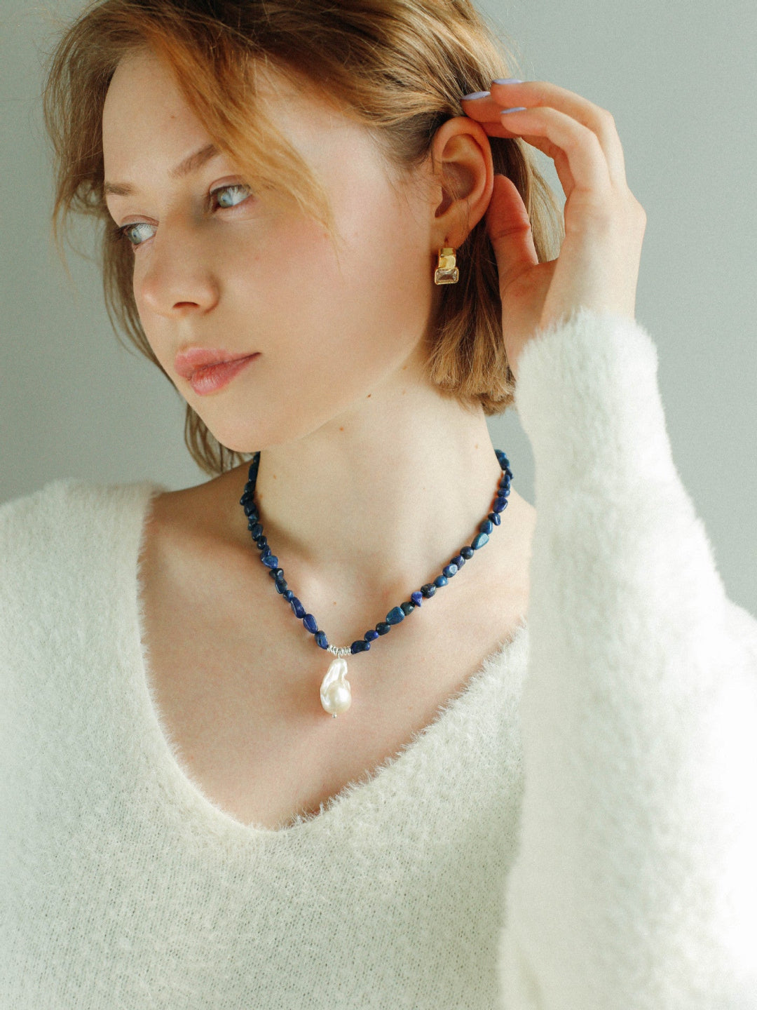 Shaped Lapis Lazuli Stone Baroque Pearl Necklace